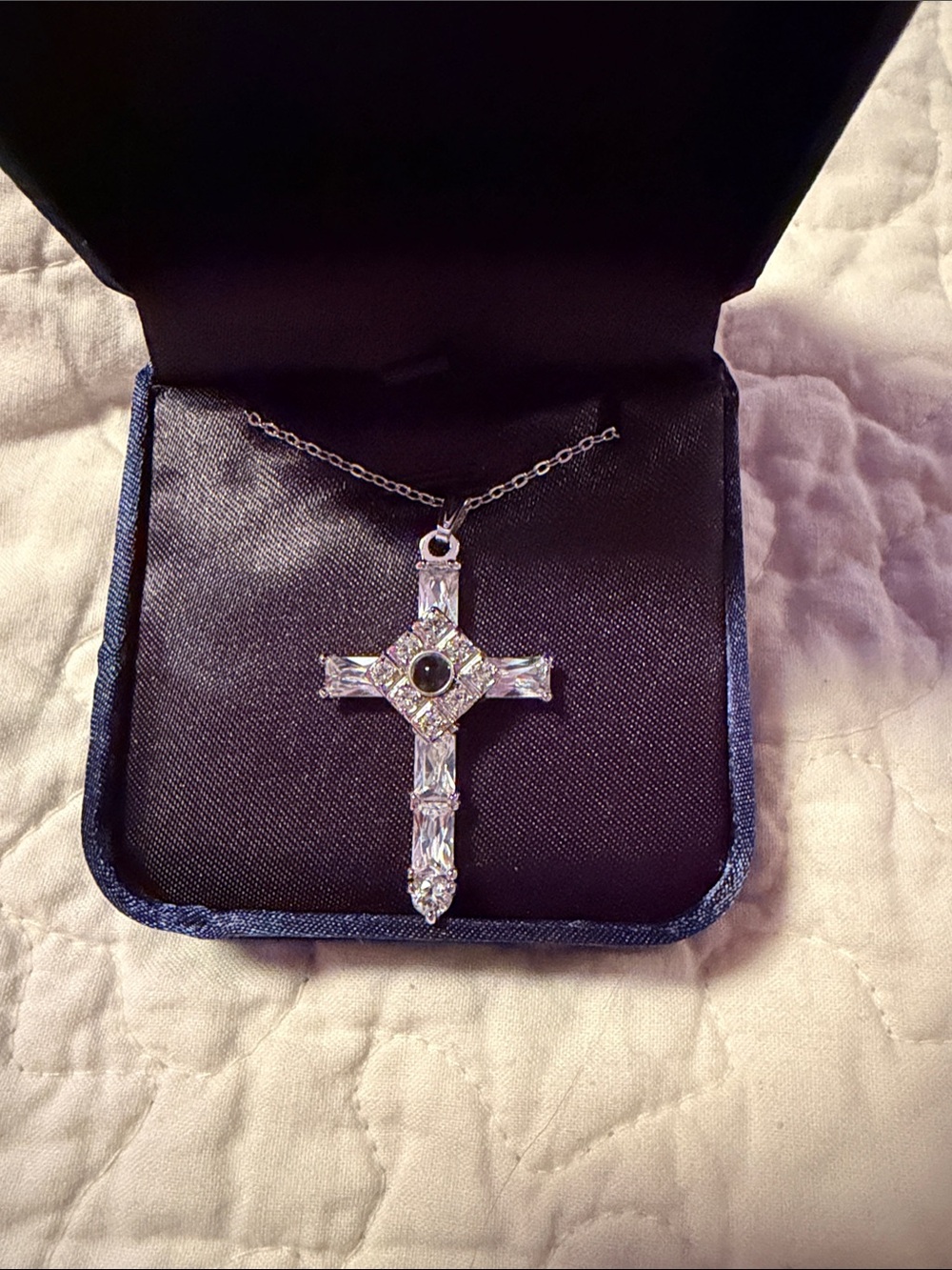 Silver Cross Pendant Necklace with Clear Crystals - Silver “Lords Prayer Cross”
